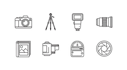 Collection of camera equipment icons for photography enthusiasts and professionals vector