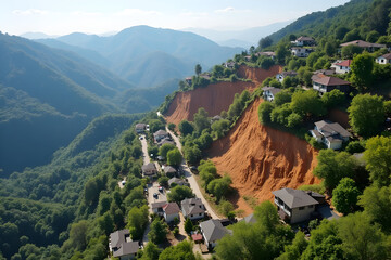Landslide Disaster Along Mountain Road Destroying Village Below