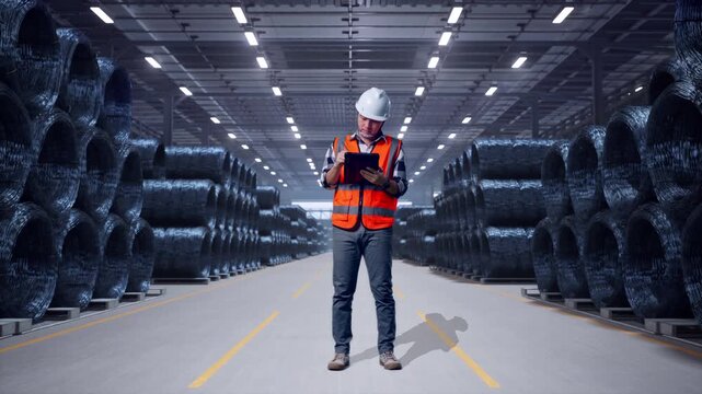 Full Body Of Asian Male Engineer With Safety Helmet Taking Note On The Tablet And Looking Around While Standing with Stacks of Huge Metal Wire Coils
