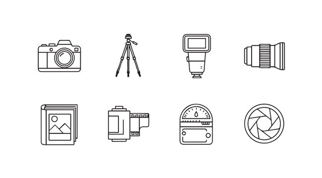 Collection of camera equipment icons for photography enthusiasts and professionals vector