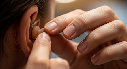 Close-up of a person inserting a hearing aid into their ear exhibiting hearing health