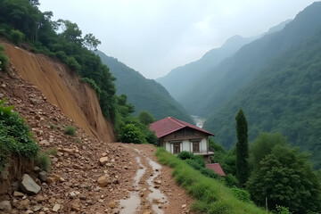 Landslide Disaster Destroying Road Beside Mountain Home