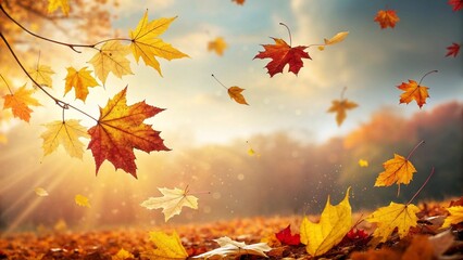 Falling autumn maple leaves with bright sun rays creating a magical, vibrant fall background.