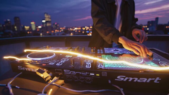 Dj playing electronic music on professional turntable mixing console at a high rise rooftop party with a city skyline visible in the background against a dark evening sky