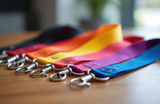 Seven colorful lanyards with metal clasps laid out in row on light wooden table. Different colored straps red orange yellow pink purple blue black ready for branding, events identification.