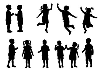 Children silhouettes set of boys and girls jumping, playing, talking and holding hands