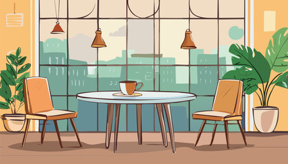 Cafe interior featuring table, chairs with cityscape view
