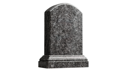 The image shows a gray granite tombstone or gravestone. It has a smooth, polished surface with a rounded top and stands on a rectangular base. The stone is simple and unengraved, often used as a heads