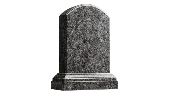The image shows a gray granite tombstone or gravestone. It has a smooth, polished surface with a rounded top and stands on a rectangular base. The stone is simple and unengraved, often used as a heads