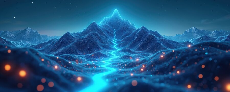 Abstract blue digital mountain range with bright glowing blue path leading to peak under starry dark sky. Scattered orange lights dot futuristic landscape. Image represents success, business growth,