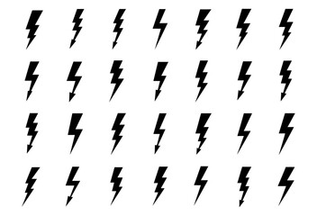 Set of black lightning bolt icons in various shapes