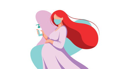 A pregnant woman wearing a mask and holding hand sanitizer to practice hygiene and protection during the COVID-19 pandemic.