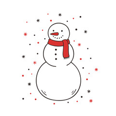 Minimal winter illustration of a smiling snowman with a red scarf, surrounded by tiny snowflakes — symbolizing the warmth and joy of Christmas.