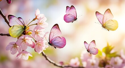 Dreamy springtime blossoms with colorful butterflies fluttering amongst the flowers