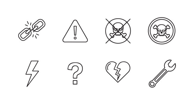 Hand drawn warning danger danger skull question mark broken heart tools icons set collection vector