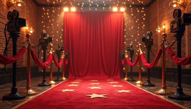 Hollywood event scene with red carpet, stars, film cameras. Velvet ropes, bright spotlights. Retro cinema decor idea. Glamourous premiere award ceremony celebration. Luxury party backdrop. Stage for