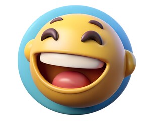 Fototapeta premium A cheerful yellow emoji with a wide smile and closed eyes isolated on white background, radiating happiness