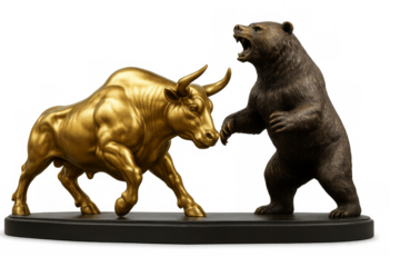 Golden bull and bronze bear representing stock market forces