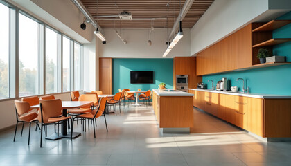 Spacious modern office break room with kitchen area. Bright interior wood cabinets, tech appliances. Orange chairs surround tables. Large windows show green trees outside. Clean corporate workspace