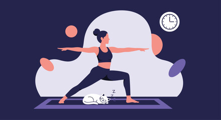 Woman doing yoga in warrior two pose with her cat sleeping nearby on a yoga mat, clock indicates the time is late evening or early morning.