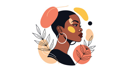 Elegant artwork of a Black woman in profile, surrounded by abstract shapes and botanical elements, in a minimalist, artistic style.