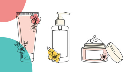 Illustration of various skincare products with floral accents on a white background.