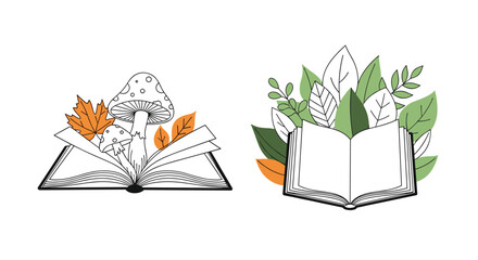 Two whimsical illustrations of open books adorned with autumn elements, representing the magic of reading and nature's beauty.