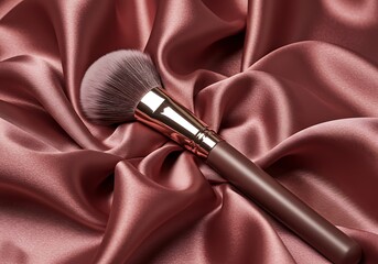 Makeup brush on luxurious rose satin texture studio lighting