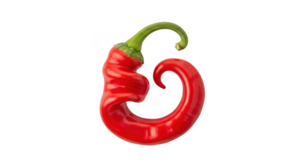 Vibrant red chili pepper with a unique curved stem isolated on black for culinary and design use isolated on transparent background