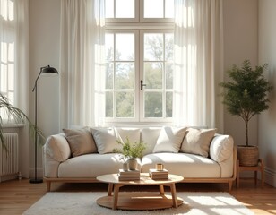 Fototapeta premium Bright modern living room design. White sofa with cushions near window. Wooden coffee table with books. Plants add natural touch. Cozy home interior with natural light.