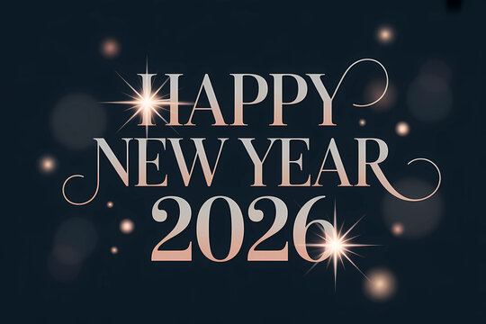 Elegant Happy New Year 2026 design featuring sparkling text and bokeh lights perfect for holiday greetings and festive promotions - Powered by Adobe