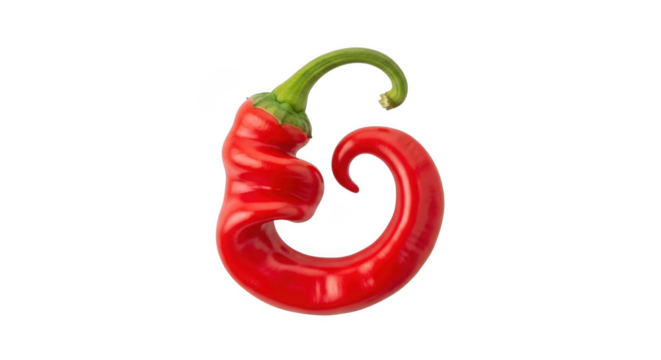 Vibrant red chili pepper with a unique curved stem isolated on black for culinary and design use isolated on transparent background