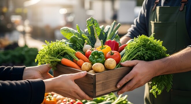 A farmer at a local market hands a wooden crate of fresh, colorful vegetables to a customer.