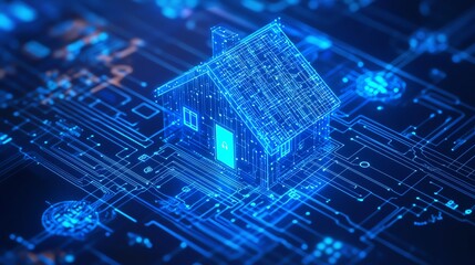 Digital house on circuit board background.