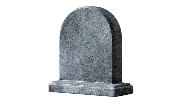 The image shows a gray granite tombstone or gravestone. It has a smooth, polished surface with a rounded top and stands on a rectangular base. The stone is simple and unengraved, often used as a heads