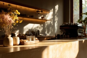 photo of barista cleaning coffee machine in cozy café, natural light and wooden details