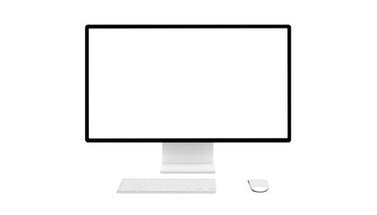 Modern computer monitor isolated, transparent with blank white screen, keyboard, and mouse on a clean workspace, ready for digital design, branding, or mockup use