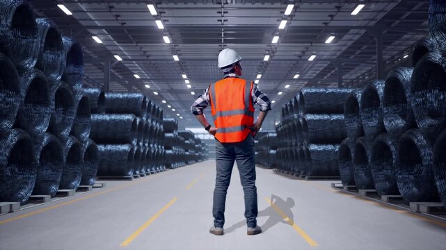 Full Body Back View Of A Male Engineer Wearing Safety Helmet Looking Around While Standing With Arms Akimbo with Stacks of Huge Metal Wire Coils
