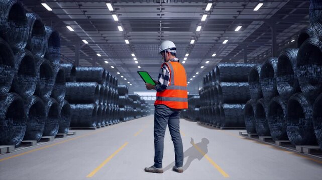 Full Body Back View Of Asian Male Engineer With Safety Helmet Working On A Green Screen Tablet And Looking Around While Standing with Stacks of Huge Metal Wire Coils