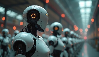 Robots stand in a factory setting. Futuristic androids in a row. The robots look similar and they are made with advanced tech. Artificial intelligence and robotics in a facility.