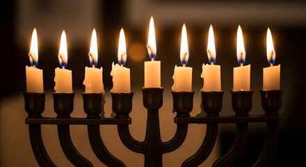 Illuminating Tradition: A Close-Up of a Lit Hanukkah Menorah Celebrating the Festival of Lights