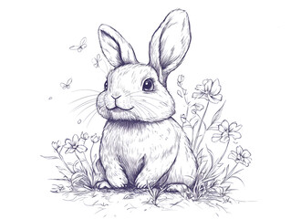 Obraz premium Cute rabbit illustration with large ears and expressive eyes, surrounded by flowers and butterflies, showcasing a whimsical and playful nature in a serene garden setting