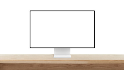 Modern desktop computer monitor with blank white screen on wooden desk, ideal for design...