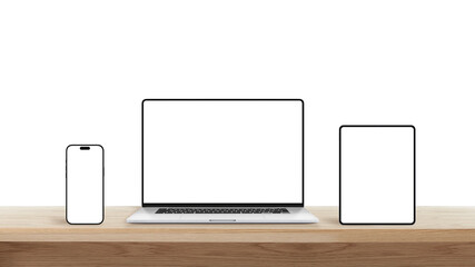 Smartphone, laptop, and tablet with blank screens on wooden desk, representing responsive web...