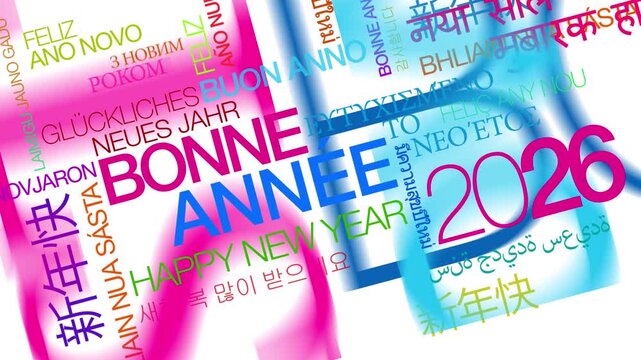 Bonne Ann&eacute;e 2026 voeux nuage de mots couleurs nouvel an r&eacute;veillon animation animation vid&eacute;o tag cloud	
