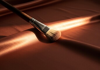 Makeup brush on shiny fabric creating artistic abstract composition