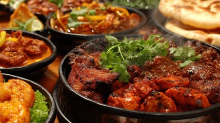 Fototapeta premium Delicious Indian Cuisine Spread with Grilled Meats and Spices