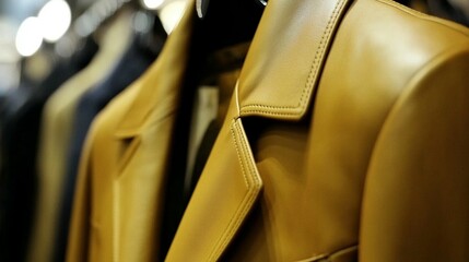 Elegant mustard leather jacket displaying exquisite craftsmanship and fine stitching detail on a