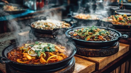Obraz premium Delicious Asian Cuisine with Steam Rising from Hot Dishes