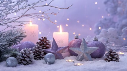 Dreamy violet lavender christmas scene with candles pinecones and twinkling lights